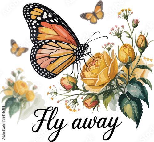 Monarch butterfly and yellow roses fly away t shirt design