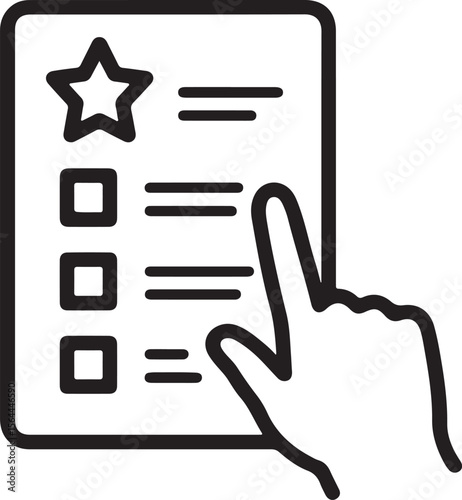 Black and white line art icon of a hand interacting with a document featuring a star and checklist items
