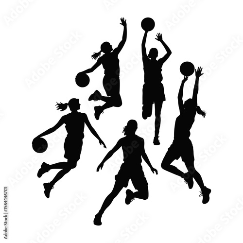 Collection of Five Female Basketball Players in Action - Silhouettes Depicting Various Athletic Poses and Game Moments