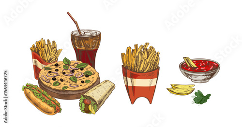 Hand drawn vintage fast food set with fries, soda, pizza, hotdog, wrap and salsa sauce, vector illustration
