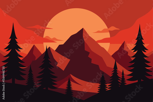 A stylized illustration of a mountain range with pine trees silhouetted against a sunset.