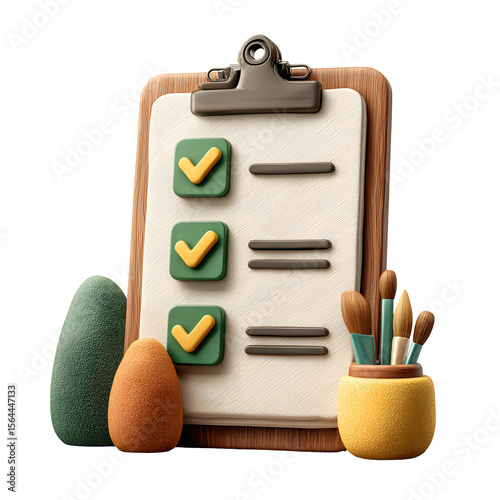 Stylized Clipboard with Checkmarks List Items and Textured Decorative Objects.