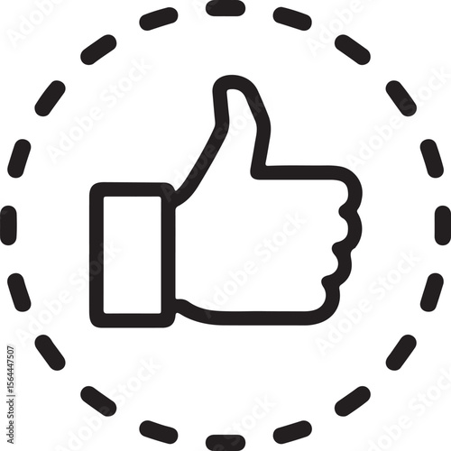 Minimalist black and white icon design featuring a thumb up symbol enclosed by a dashed circle thumbs up