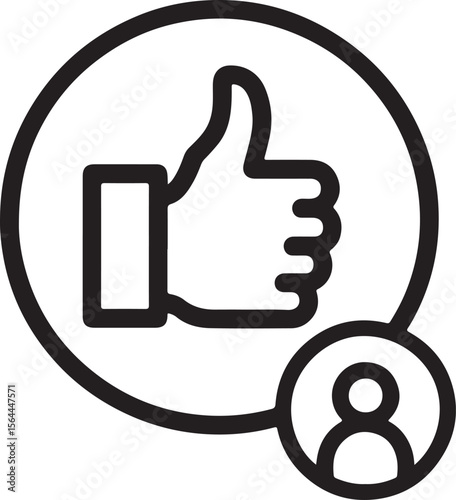 Minimalist black and white icon of a thumb up gesture next to a person symbol thumbs up approval