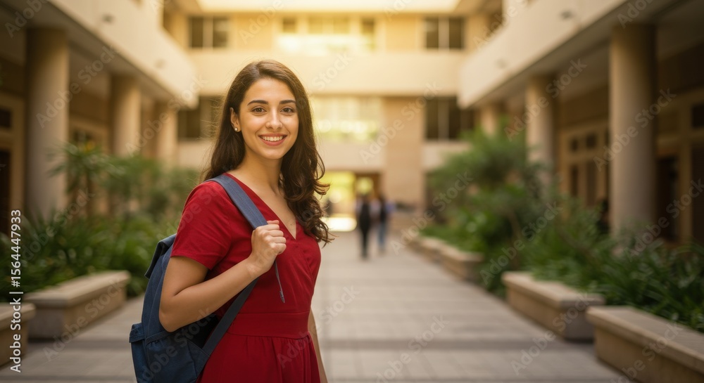 Fototapeta premium Smiling student with backpack on campus in red dress portrait view