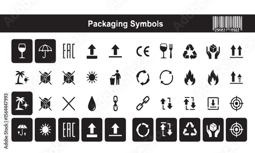 Packaging Symbols black and white vector icon set