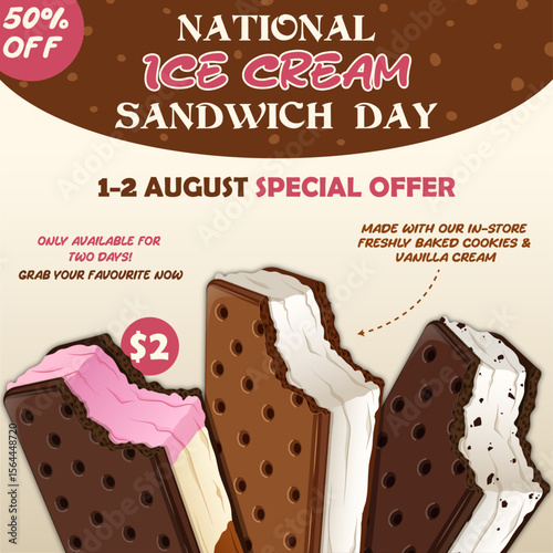 National Ice Cream Sandwich Day Discount Offer Promotional Social Media Or Web Post. Professional Layout with Ice Cream Sandwich Flavours Variety Illustration