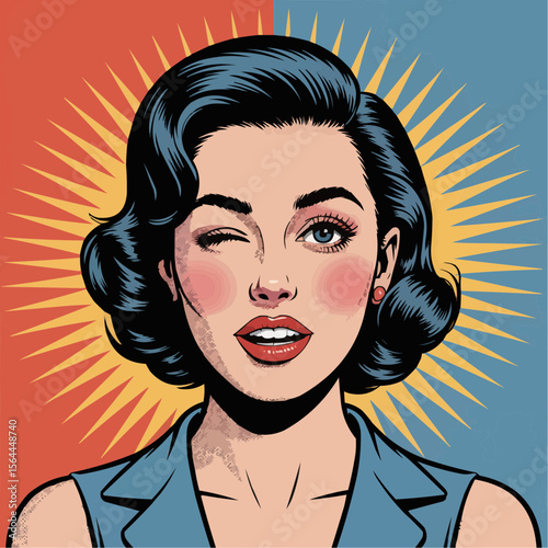 Colorful 1950s Pop Art Vector of Woman Winking