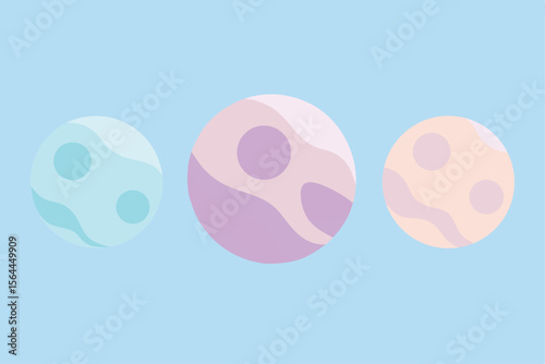 Three pastel-colored planets arranged horizontally against a light blue background.