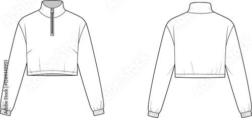Cropped quarter zip sweatshirt front and back view, fashion technical flat sketch, modern sporty design, CAD drawing, vector illustration