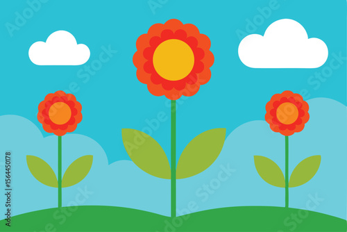 Three stylized sunflowers against a bright blue sky with puffy white clouds, a simple and cheerful illustration of a spring or summer scene.