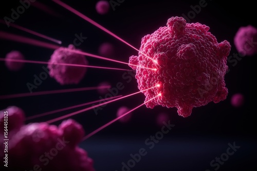 Cancer Cell with Radiation: A detailed view of a cancer cell being targeted by radiation beams, creating a visually striking and informative illustration of medical and scientific concepts.