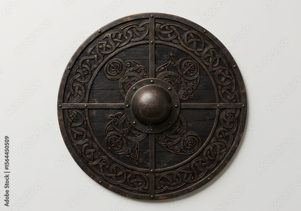 Naklejka premium Ancient Viking Shield: Intricate Carvings and Dark Wood Design
