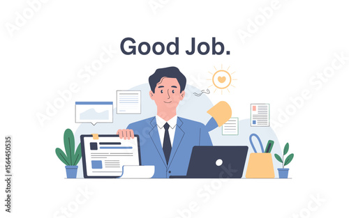 A Smiling Professional with Good Job Graphic, Featuring Laptop and Office Clutter