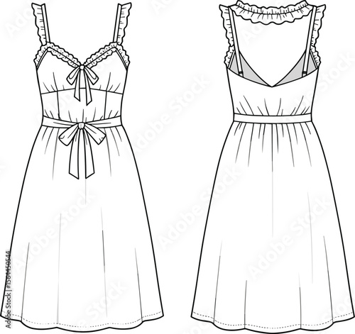 Fashion flat sketch of sleeveless ruffle dress, front and back view, bow detail, feminine design, CAD template, vector outline