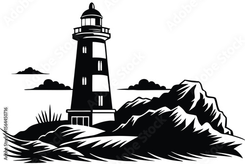 Lighthouse on Rocky Coast A Black and White Illustration of Coastal Scenery