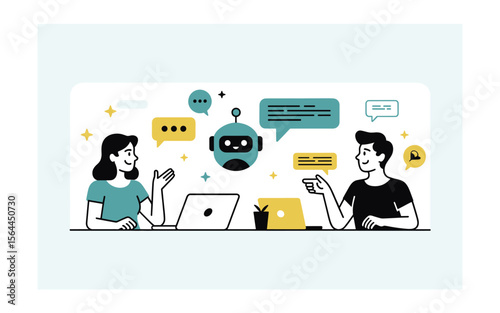 Chatbot Communication with Users: Man and Woman Interacting with AI
