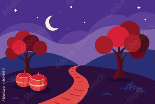 Serene nighttime landscape featuring a winding path, two stylized trees with red foliage, and two round objects resembling lanterns at the path's base under a crescent moon.
