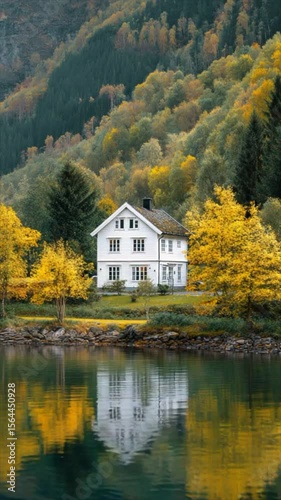 A house with white windows sits by a lake in Norway. Surrounding the water are yellow trees