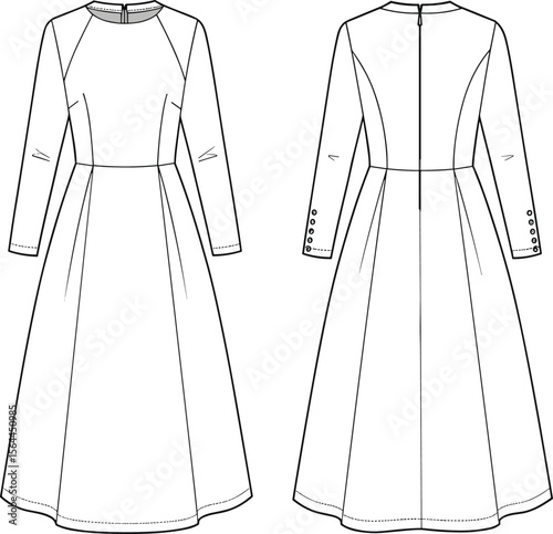 Flat fashion sketch of long sleeve fitted dress, princess seam detail, flared skirt, back zipper, button cuff, CAD vector drawing