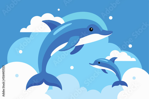 Playful dolphins leap joyfully amidst fluffy clouds in a vibrant blue sky.