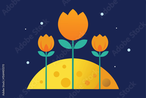 Three stylized orange tulips bloom on a crescent moon against a dark blue night sky.