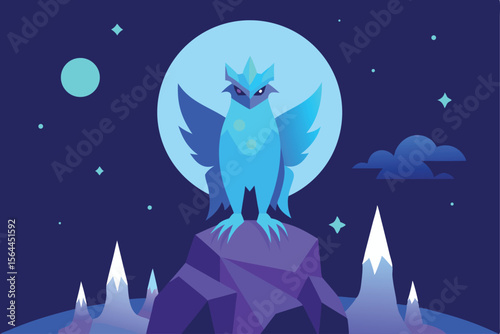 A majestic, icy blue griffin stands proudly atop a rocky peak under a luminous moon, surrounded by a starry night sky and distant mountains.
