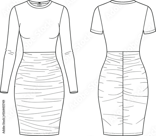 Flat technical sketch of bodycon ruched dress with crew neck, fitted silhouette, long and short sleeve options, zipper back closure.