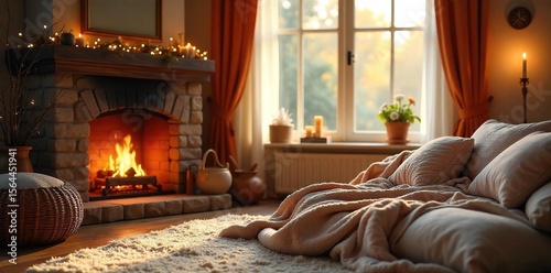 Cozy Fireplace and Plush Textures A Warm and Inviting Interior Scene Perfect for Relaxation and Creating a Sense of Home