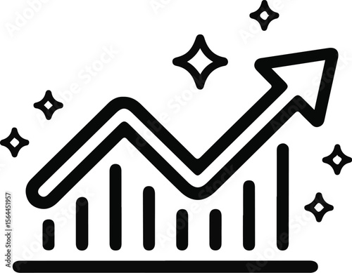 Black line art graph with upward trending arrow and sparkling stars on a light grey background