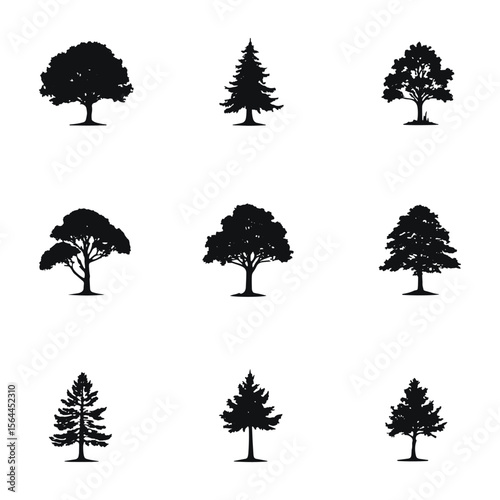 A collection of diverse tree silhouettes, including palm, pine, and oak, in a vector illustration set
