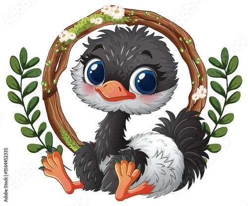 Cute Ostrich in Floral Wreath