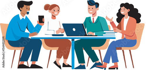 A vibrant collection of diverse illustrations depicting people in team meeting scenarios, showcasing different settings, interactions, and group sizes