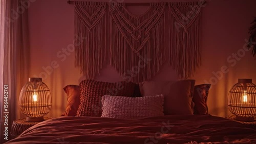 Cozy bedroom scene with warm lighting, macrame wall hanging, and decorative lamps on bedside tables