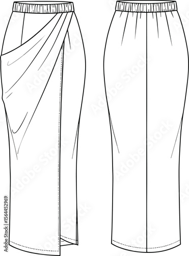 Flat vector illustration of women’s long draped wrap skirt with elastic waistband, fashion technical CAD drawing, front and back views