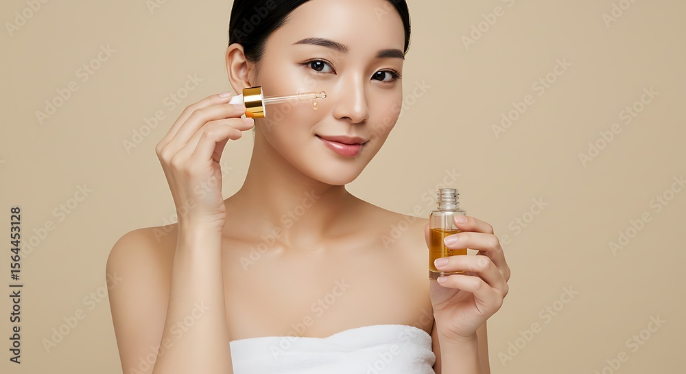 Fototapeta premium Beautiful Asian Woman Applying Facial Serum for Healthy Skincare Routine
