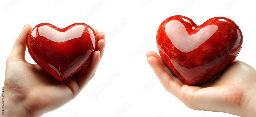 Obraz premium Set of hand holding glossy red heart isolated on white transparent background. Symbol of love and Valentine's Day treats