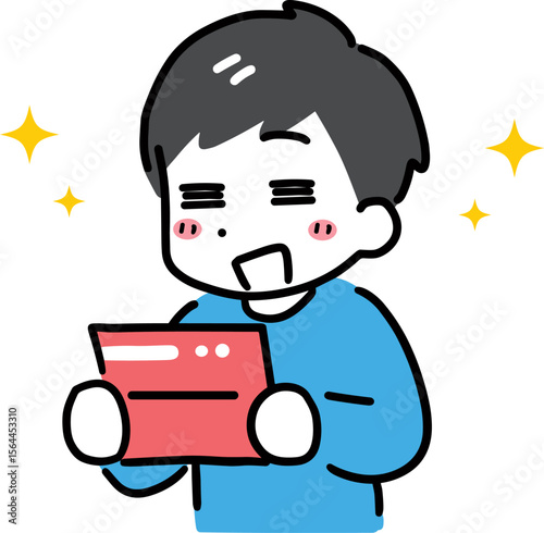 通帳を見て喜ぶ男性
