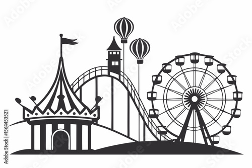 Black and White Amusement Park Illustration Rollercoaster Ferris Wheel Carousel Hot Air Balloons