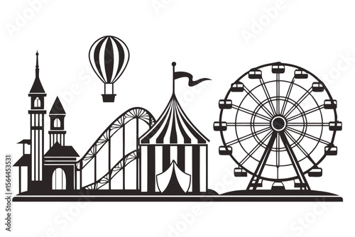 Black and White Amusement Park Silhouette Ferris Wheel Roller Coaster Hot Air Balloon