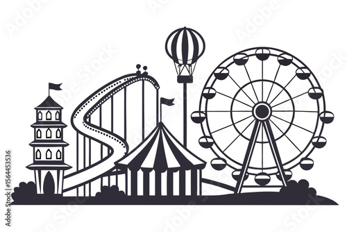 Amusement Park Silhouette Rollercoaster Ferris Wheel Circus Tent Hot Air Balloon
