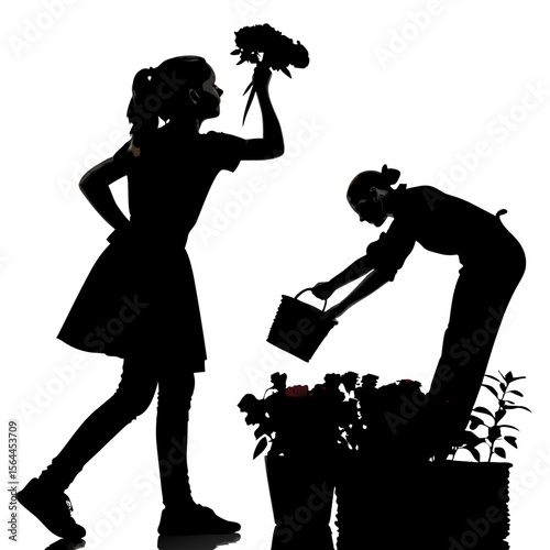 Girl Smelling Flowers Woman Watering Plants Black Silhouettes