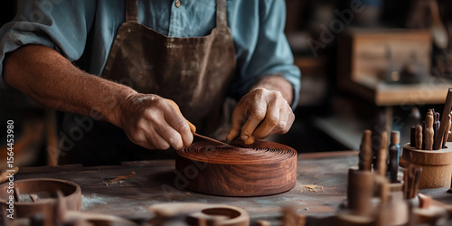 Woodworker Crafting Wooden Object in Workshop

