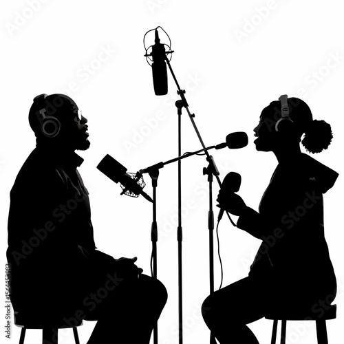 Black Silhouettes Man Woman Singing Studio Microphones