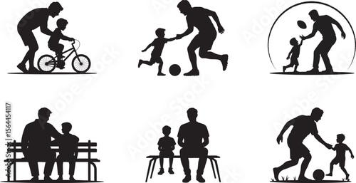 Father and Child Activity Silhouette Vector Set – Parenting, Outdoor Play, and Bonding Moments