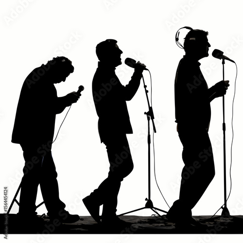 Three Male Silhouettes Singing into Microphones on Stands