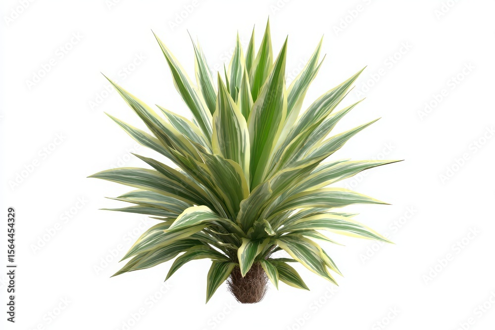 Fototapeta premium Variegated yucca plant with green and yellow striped leaves isolated on white background