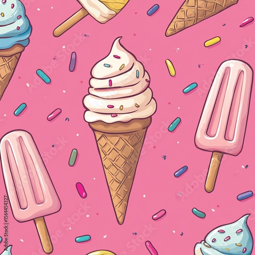 Seamless pastel ice cream pattern with cones, popsicles, and sprinkles