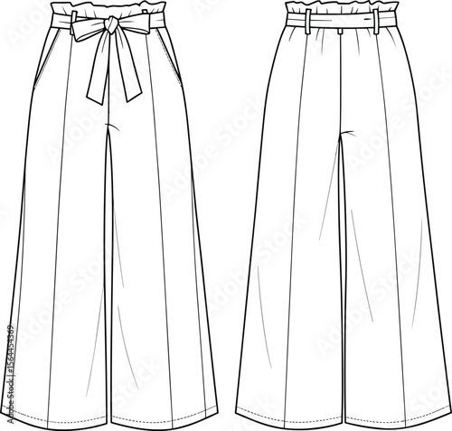 High waist wide leg pants with paper bag waist, fabric belt tie front view back view CAD fashion flat vector sketch