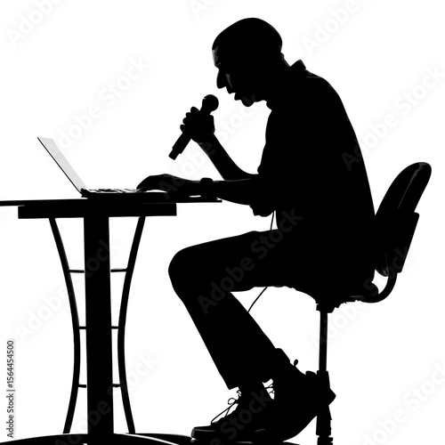Man Silhouette Singing into Microphone at Laptop vector